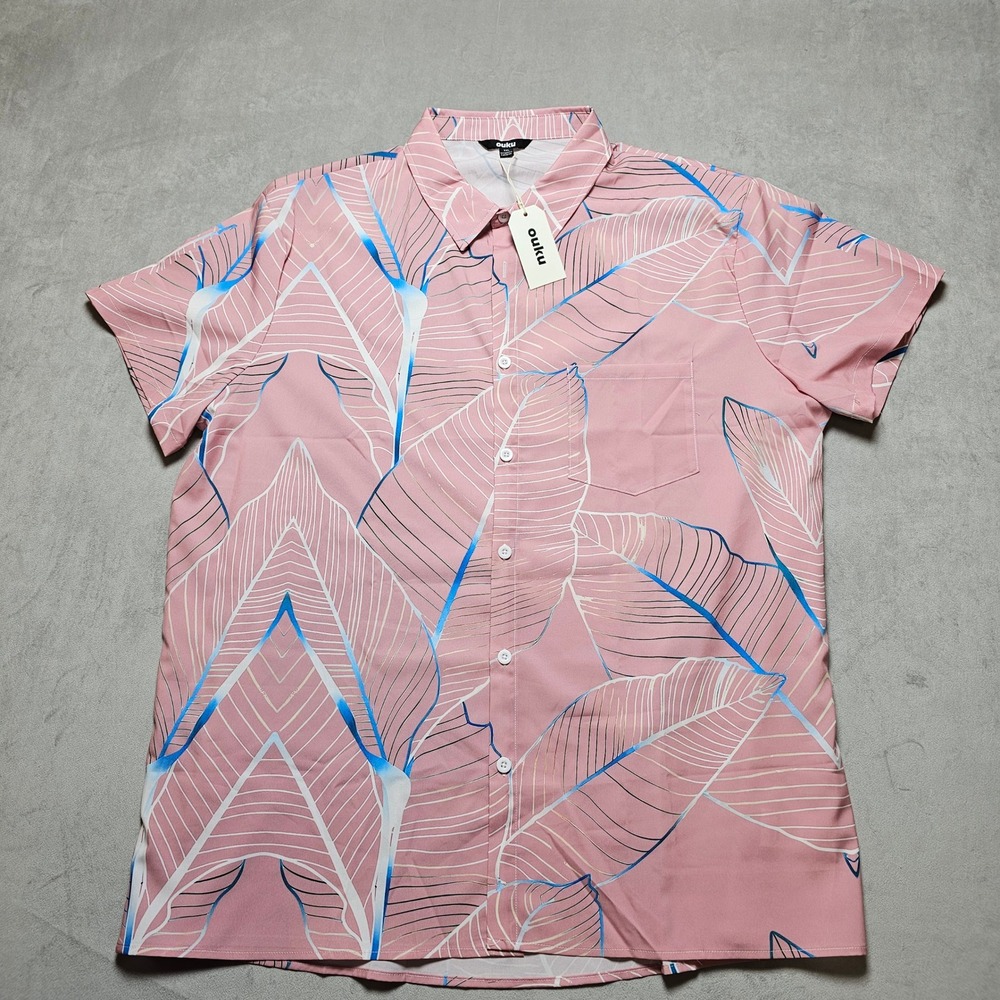 Ouku Men XXL Pink Tropical Palm Leaf Print Short Sleeve Button‎ Down Shirt NWT